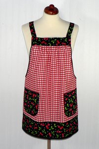 XS to 5X Red Gingham and Cherries Pinafore Apron with no ties, relaxed fit smock with pockets, retro kitchen apron