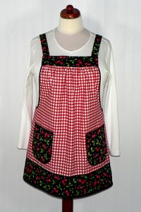 XS to 5X Red Gingham and Cherries Pinafore Apron with no ties, relaxed fit smock with pockets, retro kitchen apron