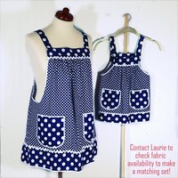 Navy Polka Dot Pinafore Apron with no ties, Relaxed Fit Farmhouse Smock with pockets,  made-to-order XS to 5X