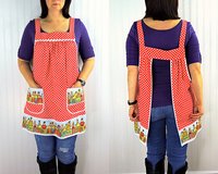 XS - 5X Fruit Ladies Border-Print Pinafore with no ties, relaxed fit smock with pockets, humorous beach theme apron