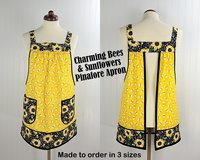 Charming Bees & Sunflowers Pinafore with no ties, relaxed fit smock with pockets, sunny yellow kitchen apron  XS - 5X