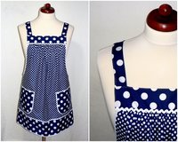 Navy Polka Dot Pinafore Apron with no ties, Relaxed Fit Farmhouse Smock with pockets,  made-to-order XS to 5X