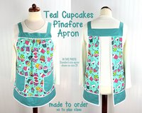 XS to 5X Teal Cupcakes Pinafore Apron with no ties, Relaxed Fit Smock with pockets,  handmade after order