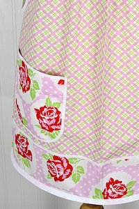 SHIPS FAST ~ Lulu Roses on Pink Plaid Pinafore with no ties, relaxed fit smock with pockets, Valentine Apron (fits L/XL/2X) Ready to Ship