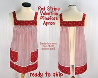 SHIPS FAST~ Red Stripe Valentine Pinafore with no ties, relaxed fit smock with pockets, standard size Red Heart Apron L/XL/2X, Ready to Ship