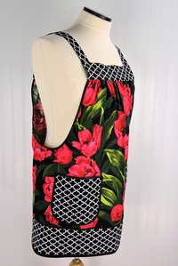 SHIPS FAST ~ Red Tulips Pinafore Apron with no ties, plus size smock apron with pockets, Standard Size (fits L/XL/2X) ready to ship now