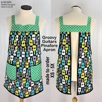Groovy Guitars Pinafore Apron with no ties, relaxed fit smock with pockets, Lagoon colorway, made to order XS to 5X