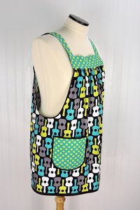 Groovy Guitars Pinafore Apron with no ties, relaxed fit smock with pockets, Lagoon colorway, made to order XS to 5X