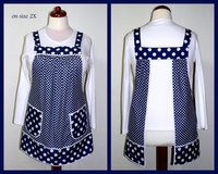 Navy Polka Dot Pinafore Apron with no ties, Relaxed Fit Farmhouse Smock with pockets,  made-to-order XS to 5X