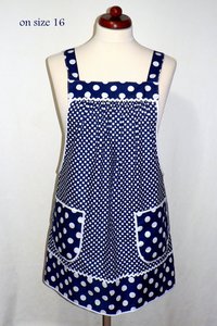 Navy Polka Dot Pinafore Apron with no ties, Relaxed Fit Farmhouse Smock with pockets,  made-to-order XS to 5X