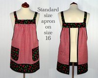 XS to 5X Red Gingham and Cherries Pinafore Apron with no ties, relaxed fit smock with pockets, retro kitchen apron