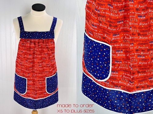 Handmade "We the People" Pinafore, red white and blue apron, heirloom quality aprons for sale