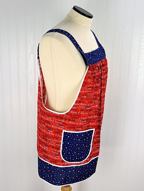 Side view of red white and blue Patriotic Pinafore, heirloom quality handmade aprons for sale