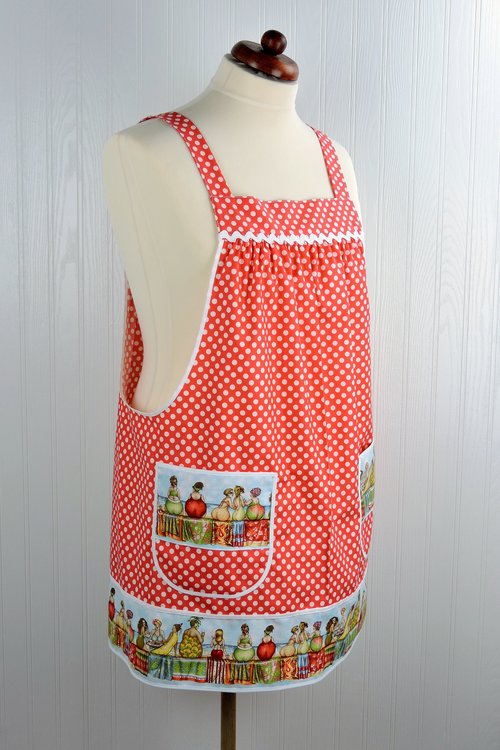 XS - 5X Fruit Ladies Border-Print Pinafore with no ties, relaxed fit smock with pockets, humorous beach theme apron