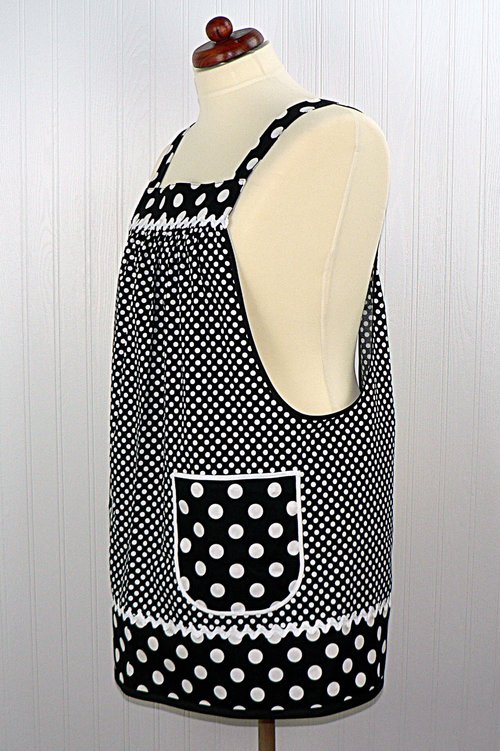 Black and White Dot Pinafore with no ties, relaxed fit smock with pockets, lovely hostess apron made to order XS - 5X