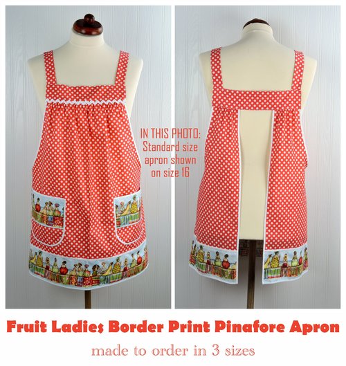 XS - 5X Fruit Ladies Border-Print Pinafore with no ties, relaxed fit smock with pockets, humorous beach theme apron