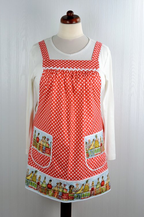 XS - 5X Fruit Ladies Border-Print Pinafore with no ties, relaxed fit smock with pockets, humorous beach theme apron