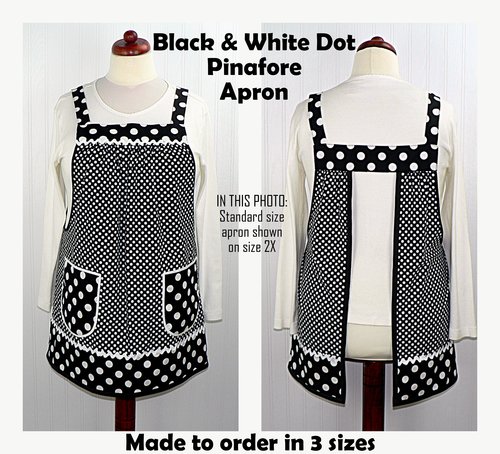 Black and White Dot Pinafore with no ties, relaxed fit smock with pockets, lovely hostess apron made to order XS - 5X