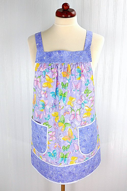 Purple Glitzy Butterflies Pinafore with no ties, relaxed fit smock apron with pockets, colorful with a bit of sparkle XS -5X