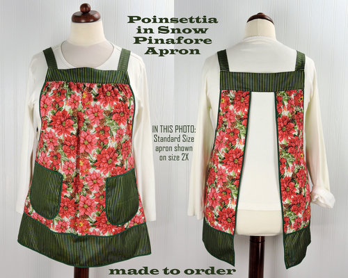 Poinsettia in Snow Pinafore with no ties, relaxed fit smock with pockets, red & green Christmas Floral Apron, LAST ONE made to order