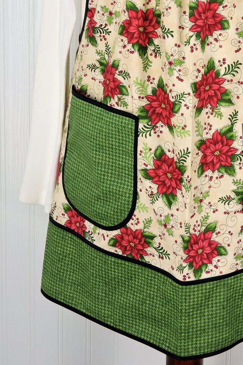 Poinsettias on Cream Pinafore with no ties, XS - 5X relaxed fit smock with pockets, Christmas Floral Apron made to order