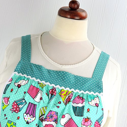 XS to 5X Teal Cupcakes Pinafore Apron with no ties, Relaxed Fit Smock with pockets,  handmade after order