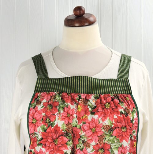 Poinsettia in Snow Pinafore with no ties, relaxed fit smock with pockets, red & green Christmas Floral Apron, LAST ONE made to order