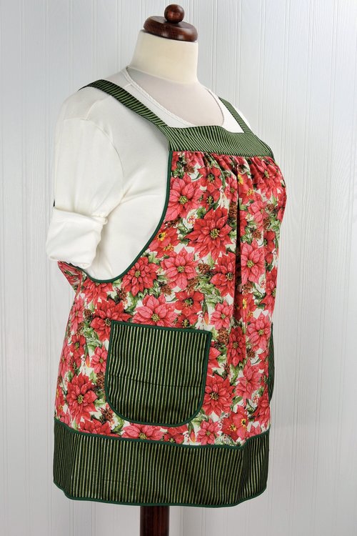 Poinsettia in Snow Pinafore with no ties, relaxed fit smock with pockets, red & green Christmas Floral Apron, LAST ONE made to order