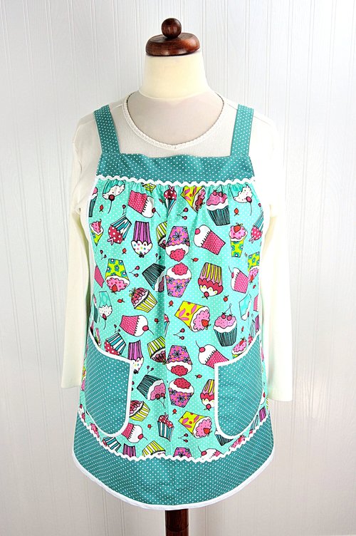 XS to 5X Teal Cupcakes Pinafore Apron with no ties, Relaxed Fit Smock with pockets,  handmade after order