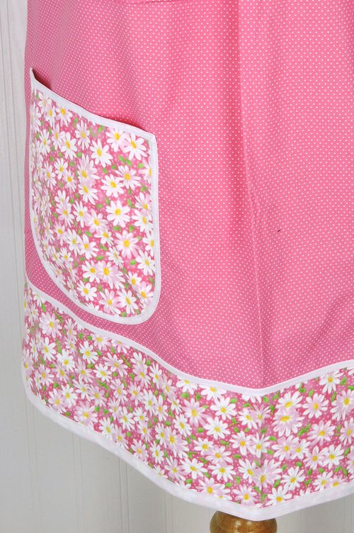 Daisies & Pin Dots on Pink Pinafore Apron with no ties, relaxed fit smock apron with pockets, made to order (XS - 5X)