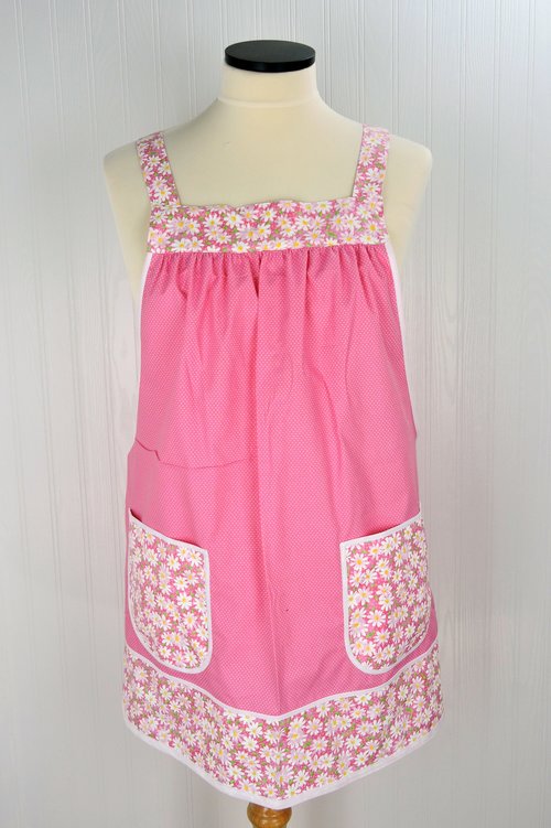 Daisies & Pin Dots on Pink Pinafore Apron with no ties, relaxed fit smock apron with pockets, made to order (XS - 5X)