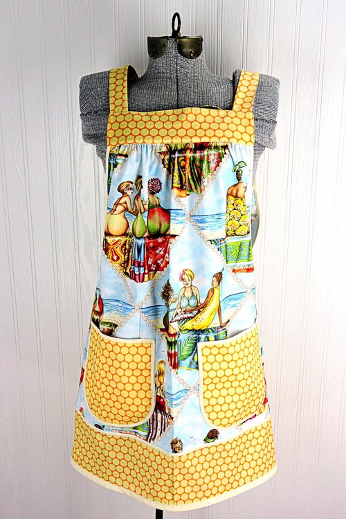 SHIPS FAST~ XS/S/M Fruit Ladies at the Beach Scrapbuster Pinafore, retro smock with pockets, no tie apron doesn't touch neck, ready to ship