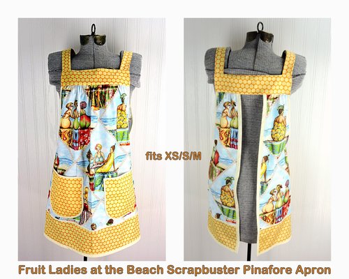 SHIPS FAST~ XS/S/M Fruit Ladies at the Beach Scrapbuster Pinafore, retro smock with pockets, no tie apron doesn't touch neck, ready to ship