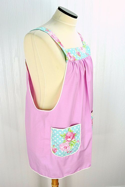 SHIPS FAST~ Delightful Pink Pinafore with aqua floral accents, relaxed fit smock with pockets, no tie apron fits L/XL/2X, ready to ship now