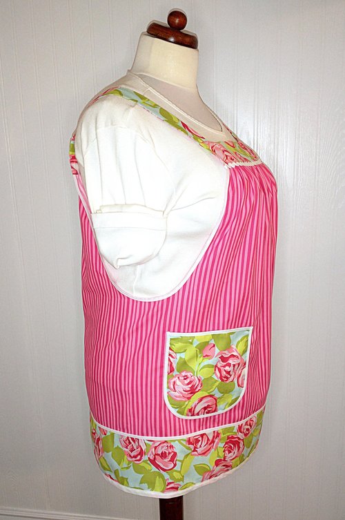 Pink Tumble Roses (with pink stripe) Pinafore with no ties, relaxed fit smock apron with pockets, OOP fabric, made-to-order XS - 5X