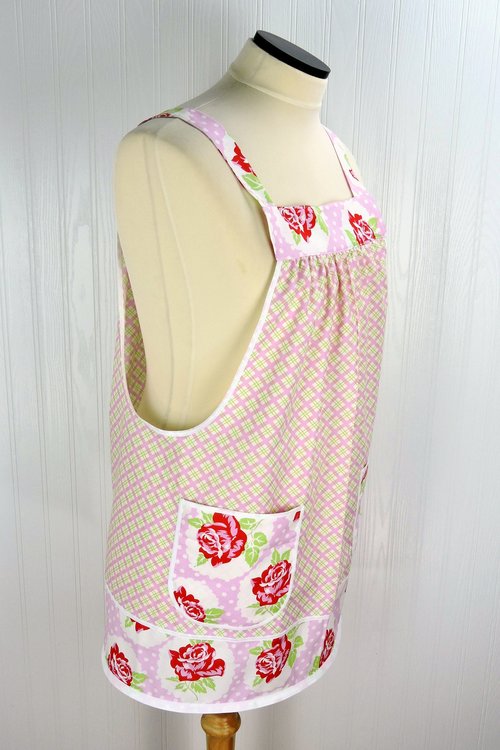 SHIPS FAST ~ Lulu Roses on Pink Plaid Pinafore with no ties, relaxed fit smock with pockets, Valentine Apron (fits L/XL/2X) Ready to Ship