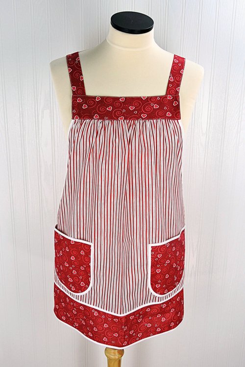 XS - 5X Red Stripe Valentine Pinafore with no ties, relaxed fit smock with pockets, lovely hostess apron made to order after purchase