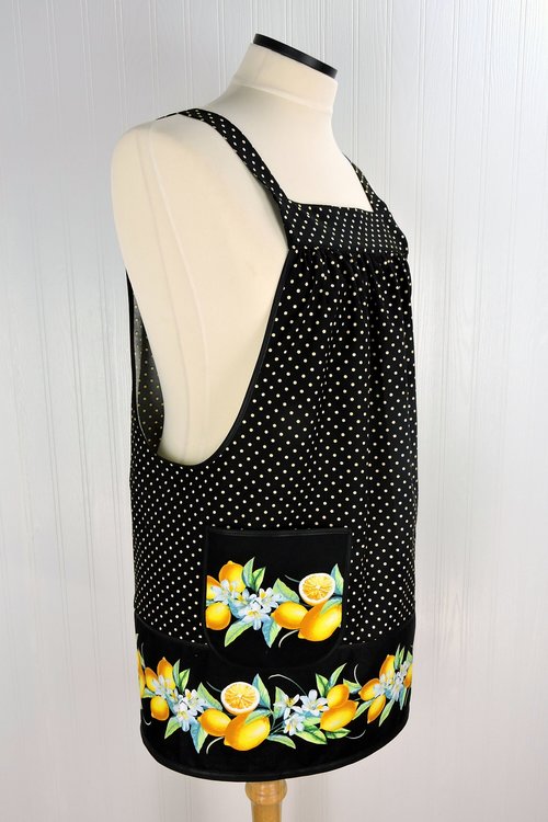 Lemon Fresh (Border Print) Pinafore Apron with no ties, relaxed fit smock apron made to order XS to 5X, spring & summer retro citrus apron