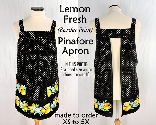 Lemon Fresh (Border Print) Pinafore Apron with no ties, relaxed fit smock apron made to order XS to 5X, spring & summer retro citrus apron