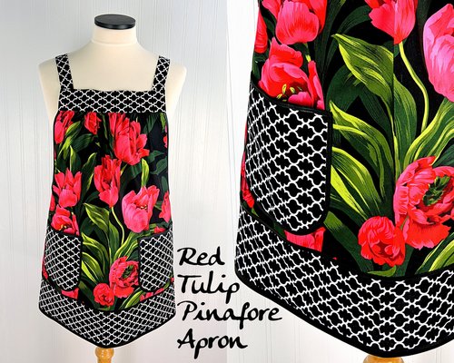 SHIPS FAST ~ Red Tulips Pinafore Apron with no ties, plus size smock apron with pockets, Standard Size (fits L/XL/2X) ready to ship now