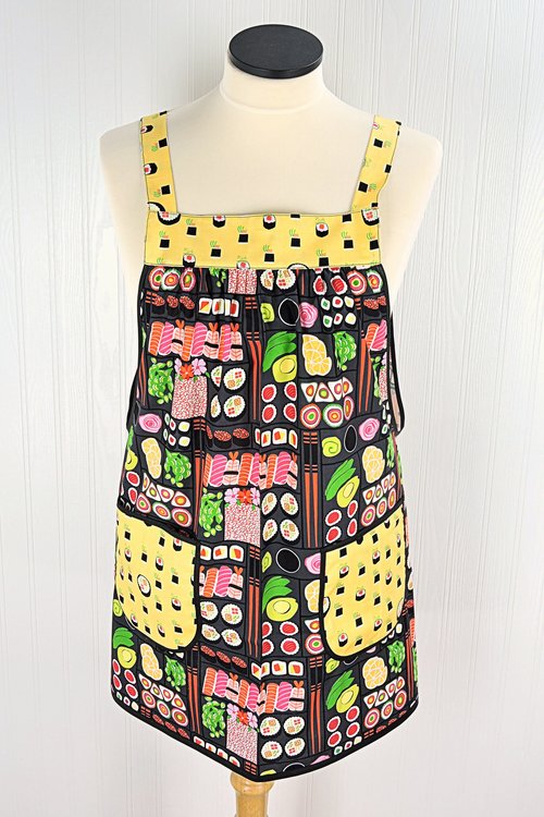 SHIPS FAST~ I Love Sushi Pinafore Apron with no ties, Japanese bento box on gray, relaxed fit smock with pockets fits L/XL/2X, Ready to Ship