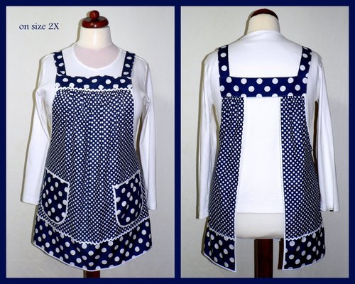 Navy Polka Dot Pinafore Apron with no ties, Relaxed Fit Farmhouse Smock with pockets,  made-to-order XS to 5X