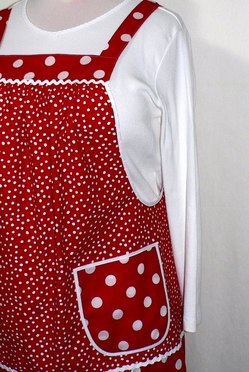 Red Polka Dot Pinafore with no ties, relaxed fit smock apron with pockets,  made to order XS to 5X