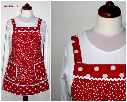 Red Polka Dot Pinafore with no ties, relaxed fit smock apron with pockets,  made to order XS to 5X