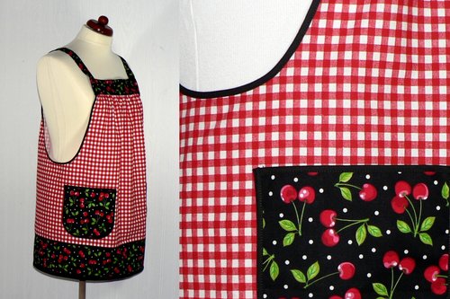 XS to 5X Red Gingham and Cherries Pinafore Apron with no ties, relaxed fit smock with pockets, retro kitchen apron