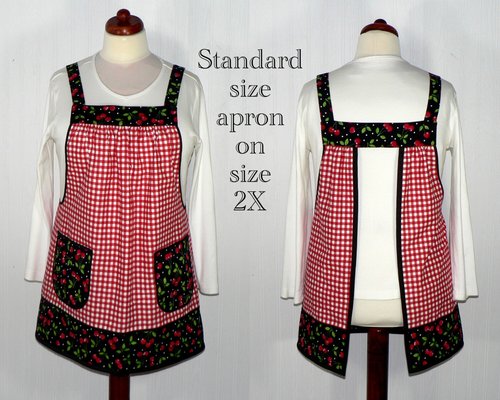 XS to 5X Red Gingham and Cherries Pinafore Apron with no ties, relaxed fit smock with pockets, retro kitchen apron