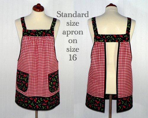 XS to 5X Red Gingham and Cherries Pinafore Apron with no ties, relaxed fit smock with pockets, retro kitchen apron